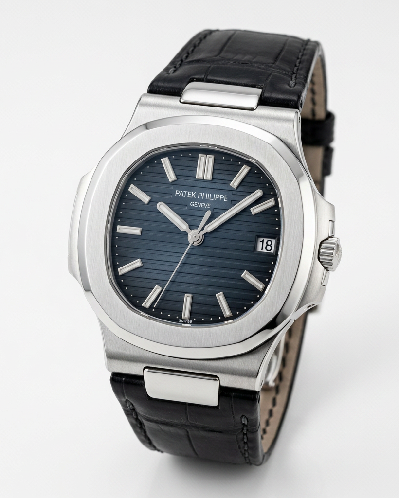 Nautilus-Style Silver Watch — Navy Dial & Croc Leather Strap