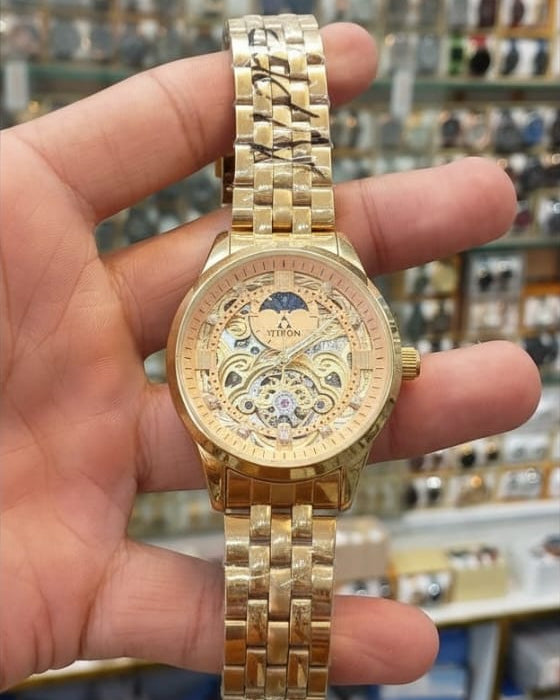Auron Gold Skeleton Automatic Watch — Moon Phase & Exposed Mechanical Movement