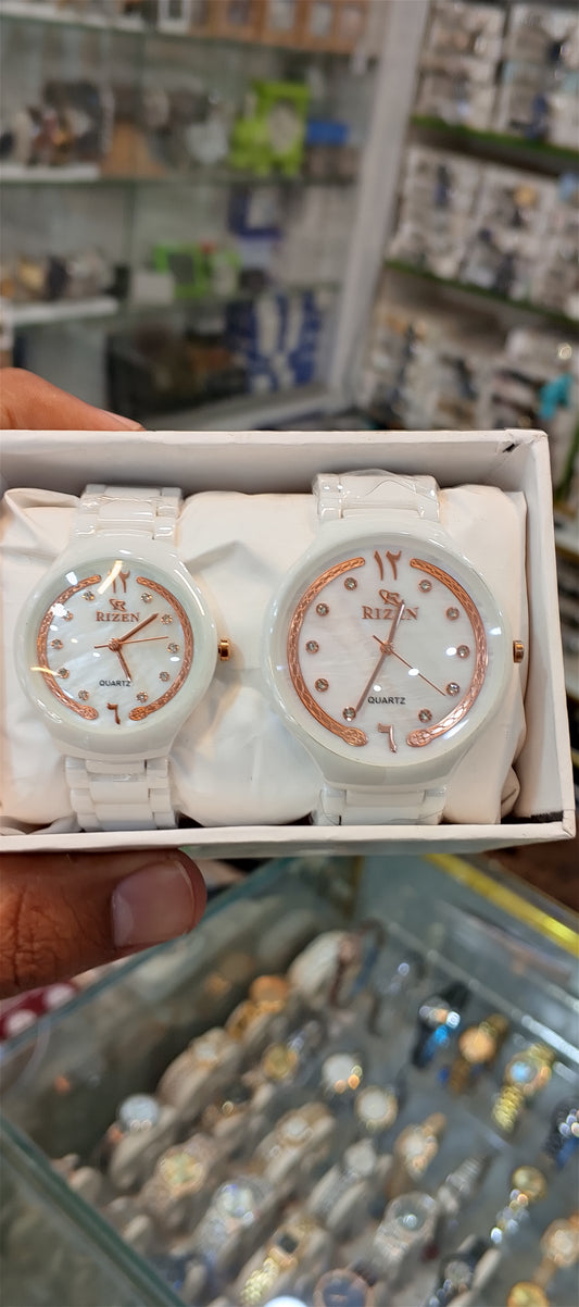Rizen White Ceramic Couple Watch Set