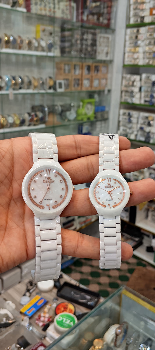 Rizen White Ceramic Couple Watch Set