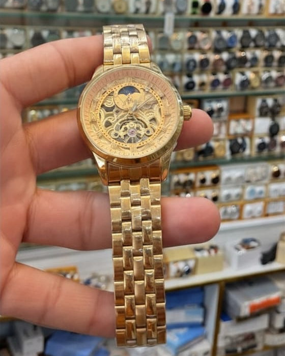Auron Gold Skeleton Automatic Watch — Moon Phase & Exposed Mechanical Movement