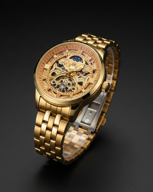 Gold Skeleton Moon Phase Watch