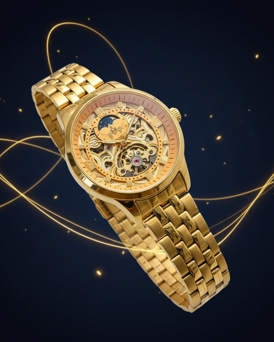 Auron Gold Skeleton Automatic Watch — Moon Phase & Exposed Mechanical Movement
