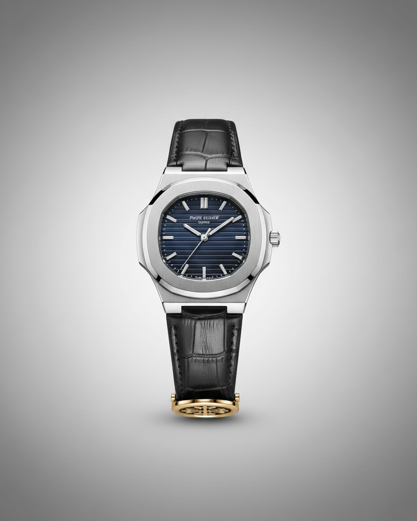Nautilus-Style Silver Watch — Navy Dial & Croc Leather Strap